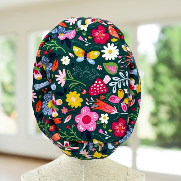 PREMIUM Euro Style Scrub Cap Mushroom Floral~ Scrub Cap, Unisex Nurse Cap, Scrub - Picture 3 of 5